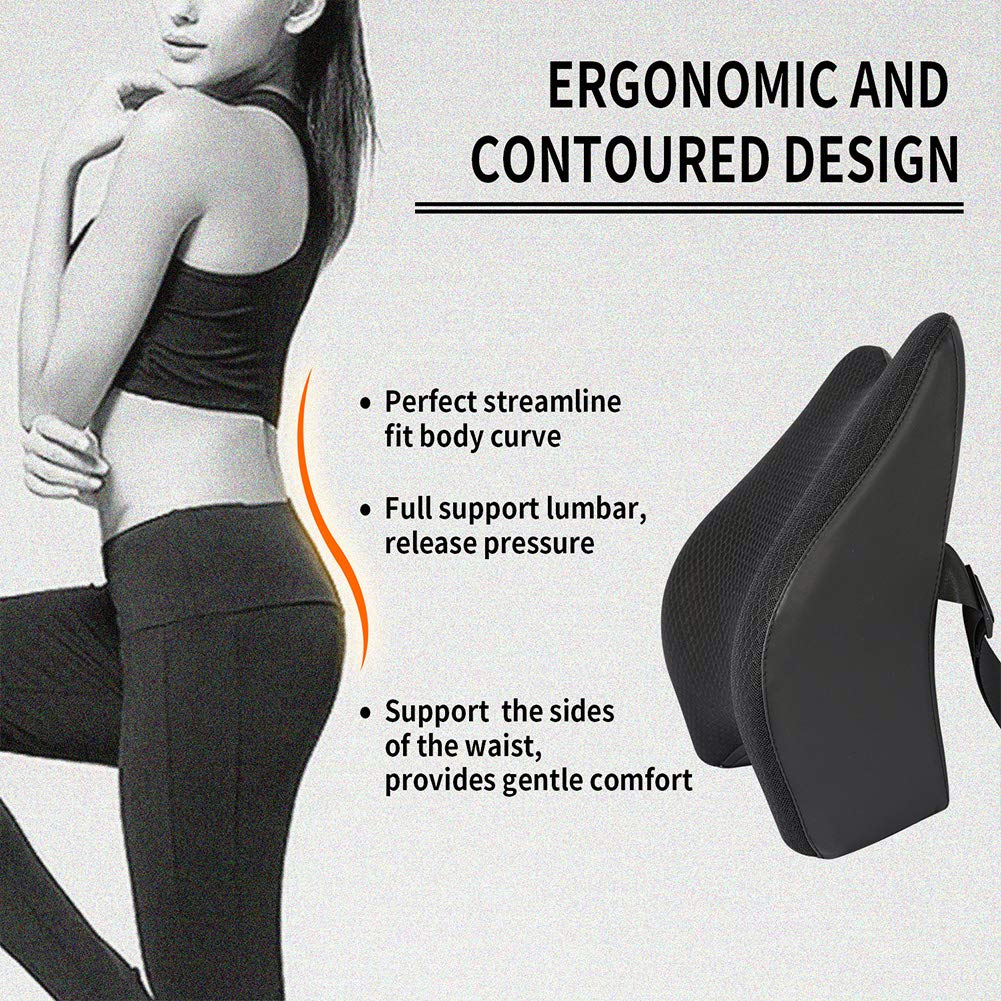 Lumbar Support Pillow for Car, Memory Foam Back Support Cushion Universal Fit for Car, SUV, Truck, Office Chair, Wheelchair (Black)