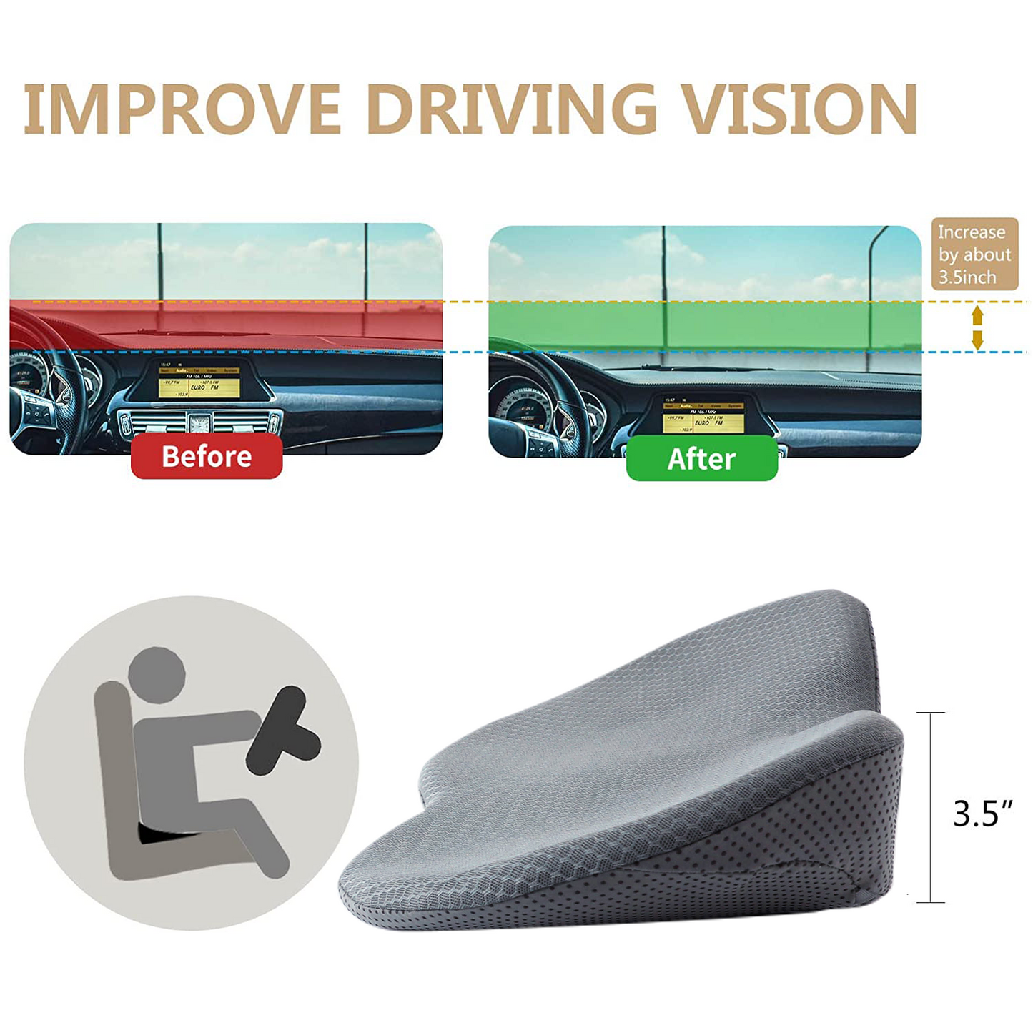 LARROUS Car Seat Cushion for Car Seat Driver- Memory Foam Car Seat Cushions  for Driving - Low Back & Tailbone Pain Relief Car Seat Pad (Grey)