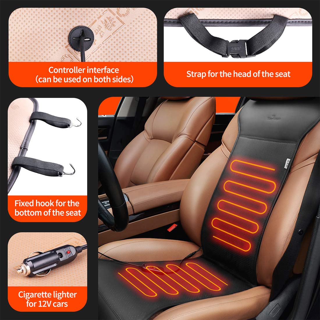 KINGLETING 12V Heated Seat Cushion with Intelligent Temperature Controller and Timing Function (Black).