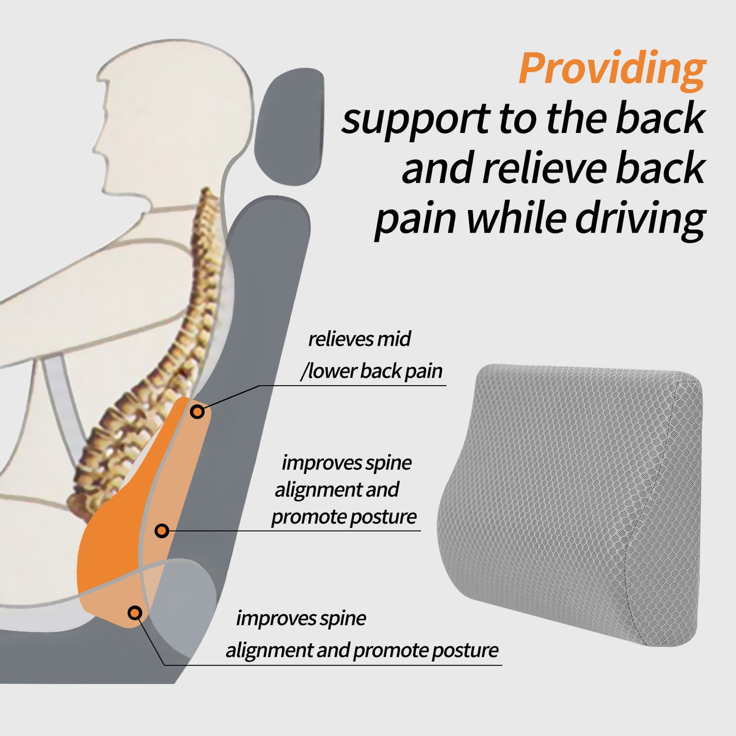 Memory Foam Lumbar Support Pillow for Car - Mid/Lower Back Support Cushion for Car Seat (Grey)