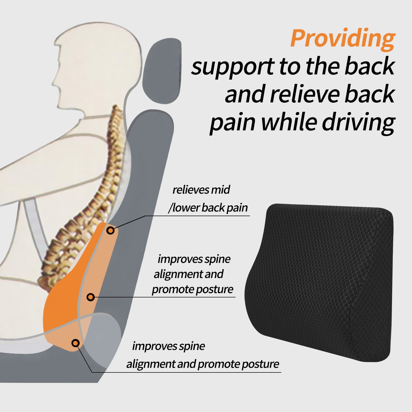 Memory Foam Lumbar Support Pillow for Car - Mid/Lower Back Support Cushion  for Car Seat (Black)