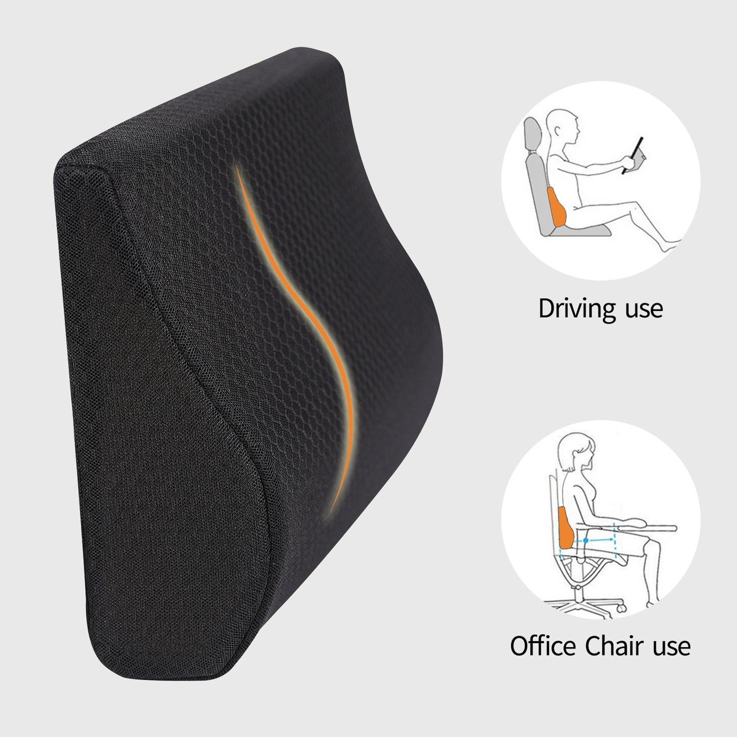 Memory Foam Lumbar Support Pillow for Car - Mid/Lower Back Support Cushion for Car Seat (Black)