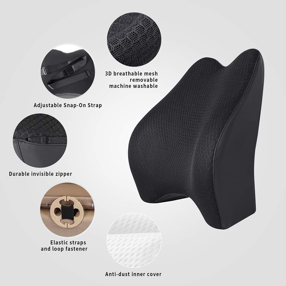 Lumbar Support Pillow for Car, Memory Foam Back Support Cushion Universal Fit for Car, SUV, Truck, Office Chair, Wheelchair (Black)