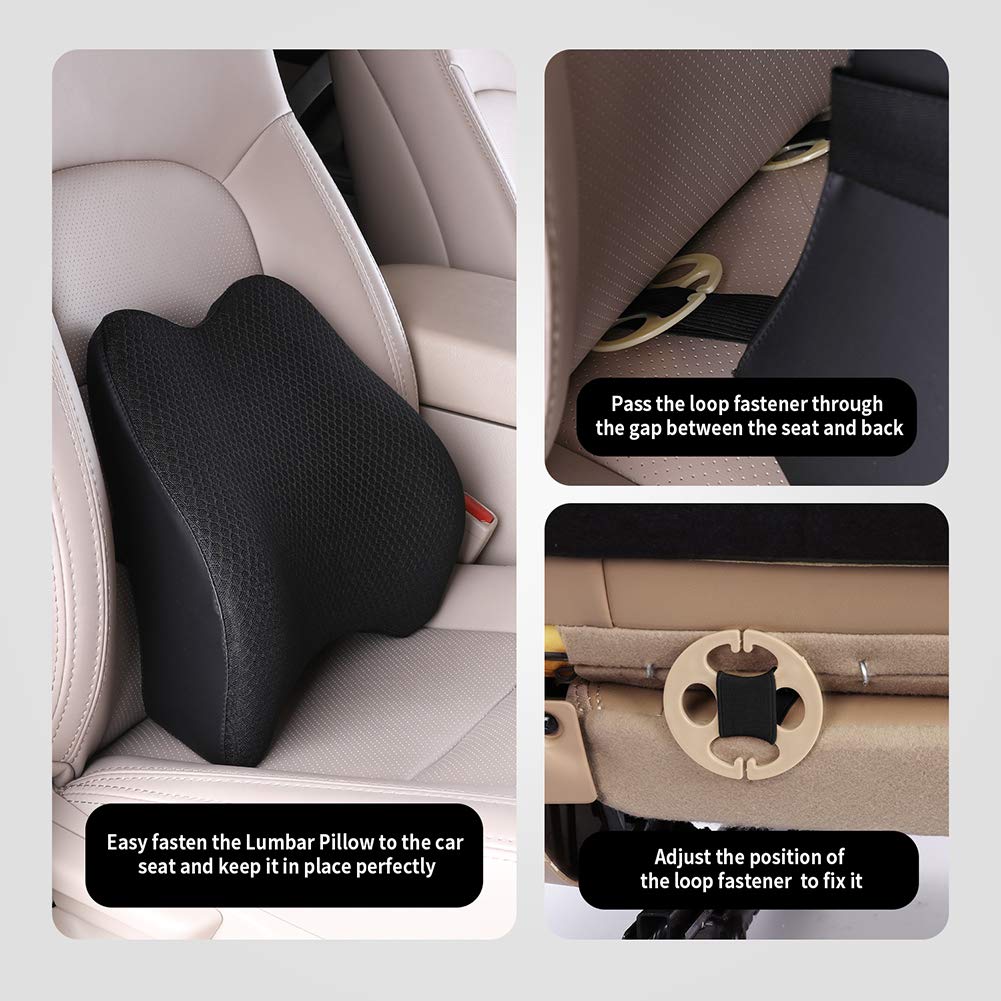 Lumbar Support Pillow for Car, Memory Foam Back Support Cushion Universal Fit for Car, SUV, Truck, Office Chair, Wheelchair (Black)