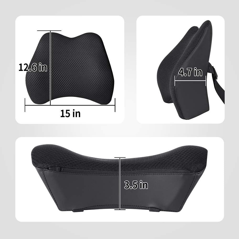 Lumbar Support Pillow for Car, Memory Foam Back Support Cushion Universal Fit for Car, SUV, Truck, Office Chair, Wheelchair (Black)