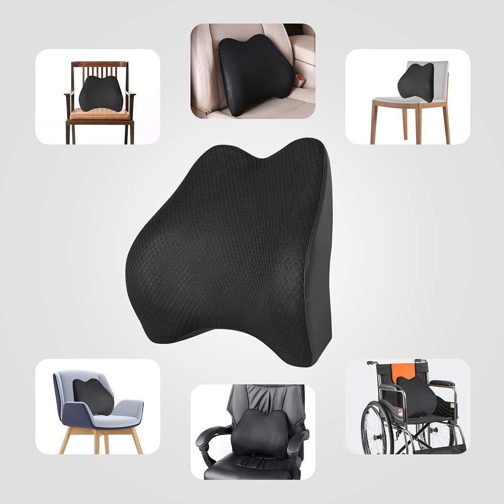 Lumbar Support Pillow for Car, Memory Foam Back Support Cushion Universal Fit for Car, SUV, Truck, Office Chair, Wheelchair (Black)