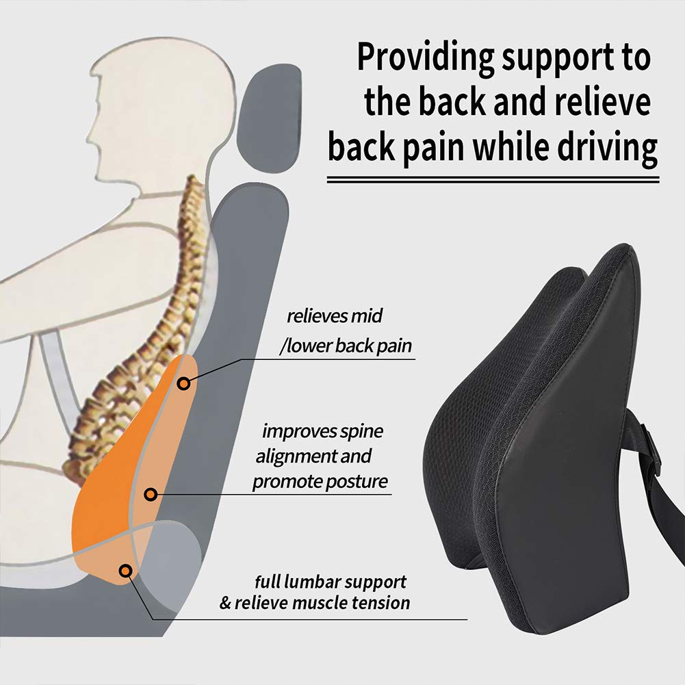 Lumbar Support Pillow for Car, Memory Foam Back Support Cushion Universal Fit for Car, SUV, Truck, Office Chair, Wheelchair (Black)